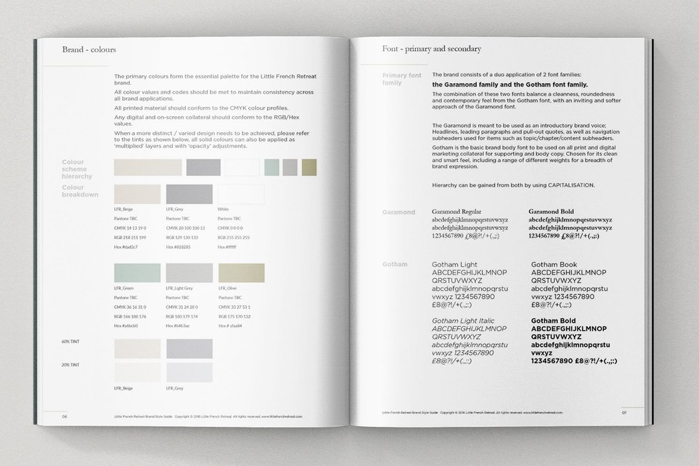  Little French Retreat Style guide excerpt: colour palette and font family 